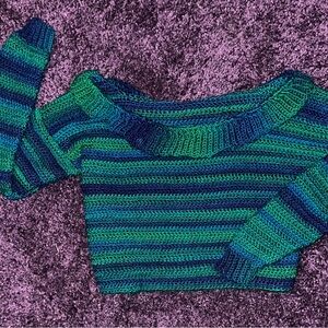 Crochet Cropped Striped Off-Shoulder Sweater